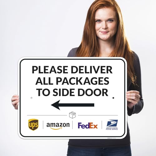Image of Package Delivery Sign, Delivery Instructions Deliver All Package to Side Door Left Arrow Sign, 18x24 Inches, Rust Free .063 Aluminum, Fade Resistant, Made in USA by Sigo Signs