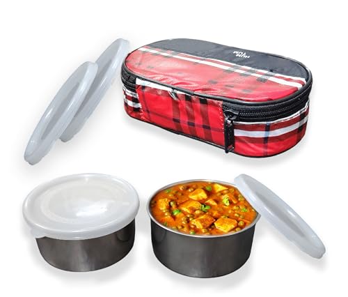 Image of Taxton Stainless Steel Lunch Box with 2 Containers and Insulated Carry Bag, Checkered Pattern, Plastic Lid (Red)