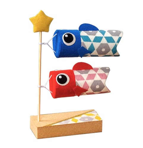 TASOGARA 鯉のぼり 室内 五月人形 こいのぼり ちりめん 卓上 鯉飾り かわいい おしゃれ ミニサイズ 天然木製台付 端午の節句 台付セット (C, 鯉2匹(15.5CM))