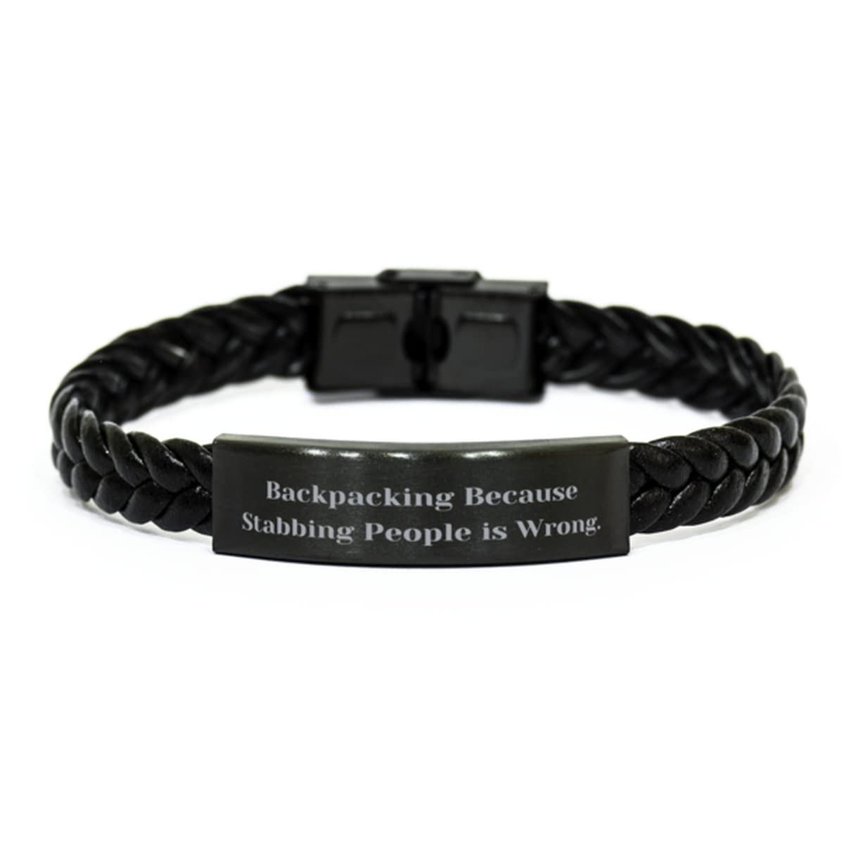 Backpacking for Men Women, Backpacking Because Stabbing People is Wrong, Motivational Backpacking Braided Leather Bracelet, from