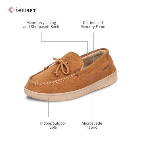 Image of Isotoner Men's Slip-On Indoor /Outdoor Essential Microsuede Boater Moccasin with Memory Foam Comfort Slipper, Cognac, Large