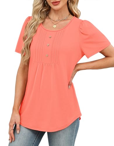 Image of Womens Tops Dressy Casual Blouses Short Sleeve Shirts Plus Size Fashion Clothing Spring Summer Outfits Button Pleated Front