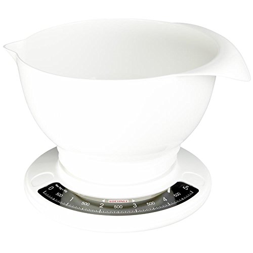 Soehnle Culina Pro 5 kg, analoge Küchenwaage, weiß, Gewicht bis zu 5 kg (50-g-genau), Haushaltswaage mit großer Rührschüssel, Küchenwaage retro für Kuchen und weiteres