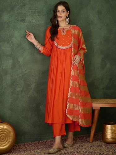 Image of Naixa Women's Chanderi Embroidered Flared Kurta with Pant and Dupatta Sets (NX-762)