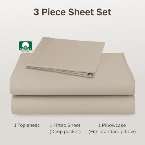 Image of California Design Den Twin Sheets Set - Natural 100% Cotton Sheets with 12 inch Pockets, Soft Sateen Weave, Breathable and Durable Bedding Set for Dorm Rooms, College Beige (Warm Taupe)