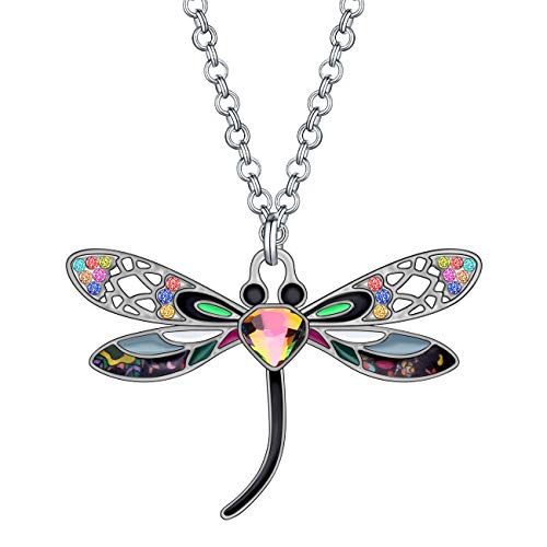 BONSNY Statement Enamel Rhinestone Dragonfly Necklaces Pendant Original Design for Women Nature Lover Insect Jewelry