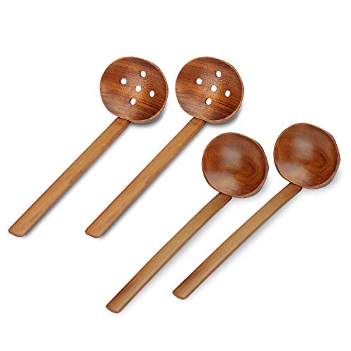 YFWOOD スプーン お玉 木製 4本 おたま+穴あきおたま 2セット 22cm ロング柄 軽量 ラーメンスプーン 漆塗り レンゲ 杓子 しゃぶしゃぶ用 れんげ 鍋料理
