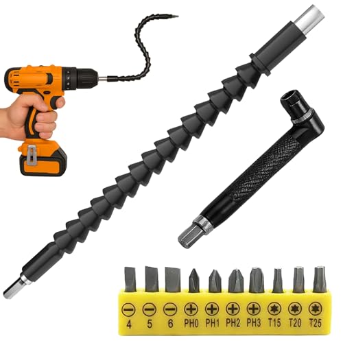 12 Pcs Flexible Drill Bit Extension Set,11.8 inch Bendable Flexible Screwdriver Extension with 90° Right Angle Screwdriver Bits Soft Shaft for Drive Shaft Tip and 10 Pcs Screwdriver Bit Set