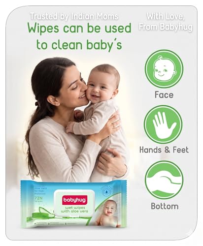 Image of BABYHUG Wet Wipes with Aloe Vera | 98% Water Based | pH Balanced | Paraben & Alcohol Free (Pack Of 2)(Count 144 Wipes)