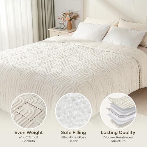 Image of Cottonblue Jacquard Weighted Blanket for Adults 15 lbs Twin Size, Soft Fluffy Sherpa Fleece Weighted Throw Blankets 60 inch x 80 inch for Sleep Relax, Fuzzy Warm Arch Heavy Blanket for Bed Couch, Cream White