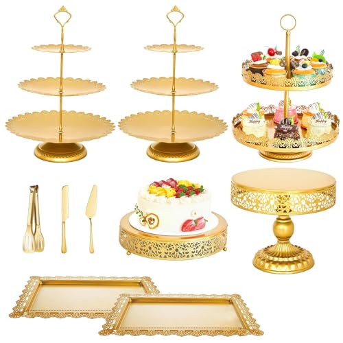 DYUEE Juego de 10 soportes redondos de metal dorado para tartas, juego de exhibición de mesa de postre para fiesta de cumpleaños, boda, fiesta, té de la tarde, postre