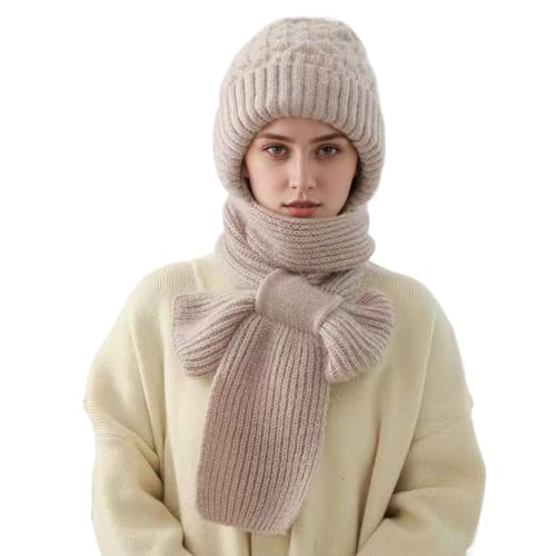 Women Winter Beanie Hats Scarf One-Piece Fleece Lined Warm Knit Ear Protection Integrated Hooded Scarf Cap