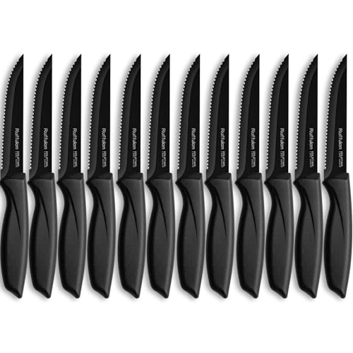 Ruffulon Profi Steakmesser Set 12-teilig,Hochwertige Steakbesteck,Messerset mit Wellenschliff,Extra Scharfe Klinge,Küchenmesser Set,Ergonomischer Polypropylen-Griff,Edelstahl Steak Messer Set,Schwarz