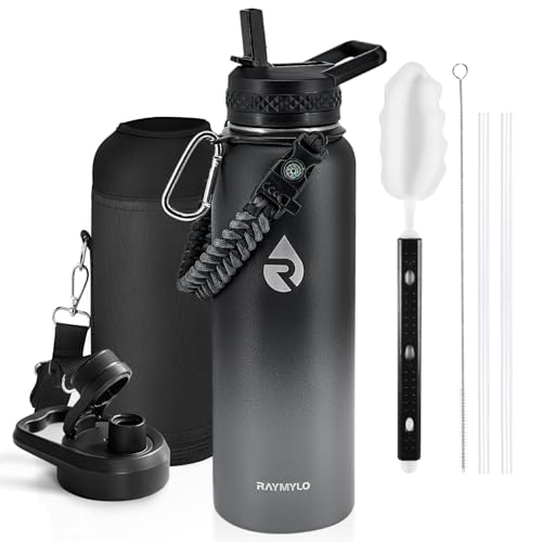 Image of RAYMYLO Insulated Water Bottle 40 oz, Triple Wall Vacuum Stainless Steel (Cold for 36Hrs, Hot for 18Hrs), Leak Proof & Non-BPA, Modern Water Flask Jug with Paracord Handle & Straw Spout Lids