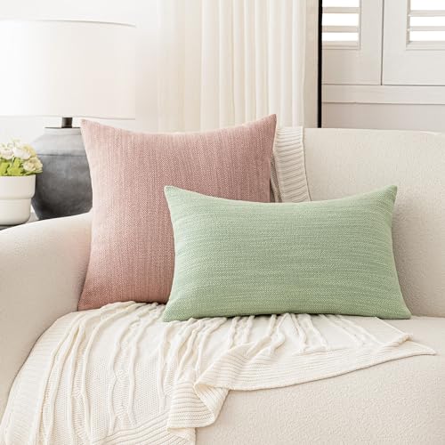 Image of Foindtower Set of 2 Decorative Textured Burlap Linen Throw Pillow Covers Farmhouse Boho Cushion Cover Solid Accent Pillowcase for Couch Sofa Bed Living Room Home Decor,20x20 Inch,Dusty Pink