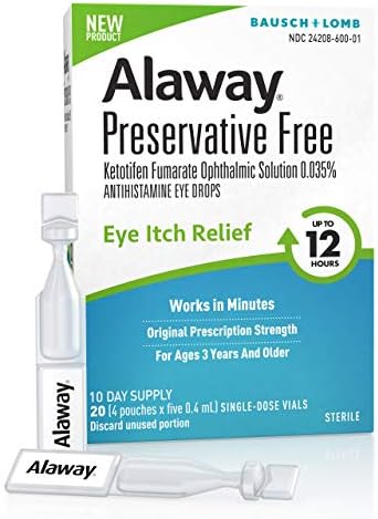 Alaway Eye Drops, Preservative Free Antihistamine Eye Drops for up to 12 Hours of Eye Itch Relief, 20 Single-Dose Vials,20 Count (Pack of 1)