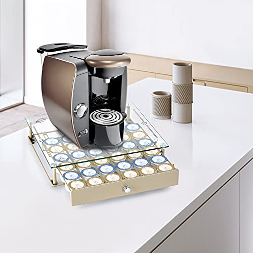 K Cup Holder, Hystun Crystal Tempered Glass Top Coffee Pod Holder For K Cups Storage, K Cup Organizer For Capsules, Compatible With 36 Pods, Beige, 14.1× 12.6× 3.2 Inch #TOP1