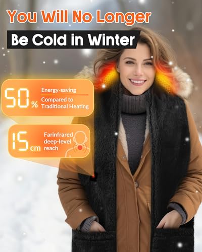 Women Heated Fur Scarf With Pockets Rechargeable Battery Powered Intelligent Electric Heating Shawl Cordless Portable Outdoor Accessory Essentials Travel Must Have Winter Warming Black Scarves Scarfs2
