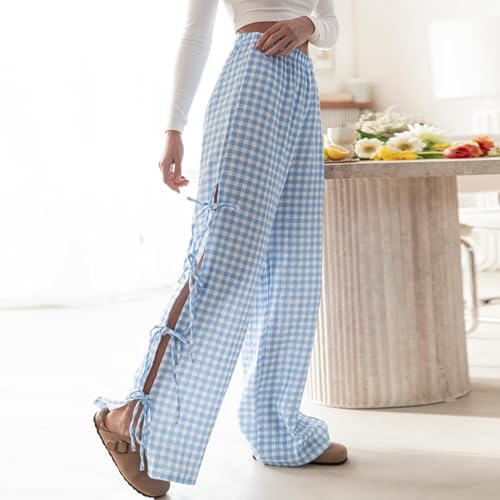 Women Y2k Striped Long Pants Bow Tie Side Slit Wide Leg Lounge Pants Gingham Bottom Plaid Checkered Sweatpants2
