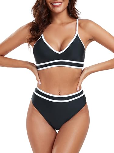 Maillot de bain deux pièces au design bloc de couleurs graphique avec un col en V original