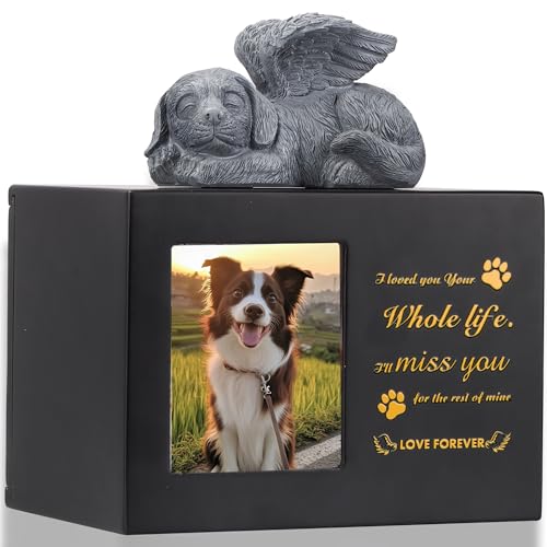 DiDiBirDi Tierurnen für Hunde,Haustier Einäscherung Box,Schwarze Hunde Urnen aus Holz für Asche, Wird mit Einer Hundestatue aus Kunstharz und einem Samtbeutel zur Aufbewahrung der Asche（25kg） ﻿