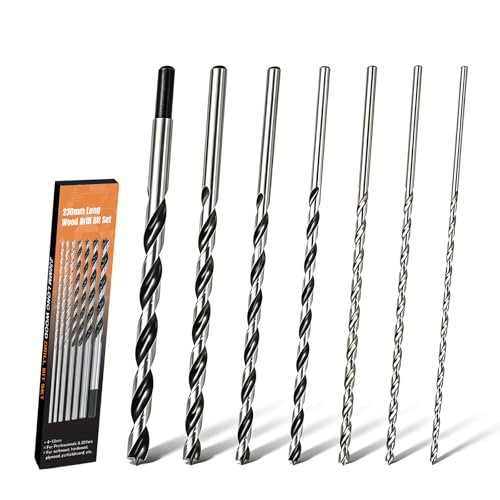 COMOWARE Long Wood Drill Bits, 230mm 7-Piece HSS-G Drill Bit Set for Wood, 4-12mm, Wood Drill Set for Precise Drilling in Soft and Thicker Wood, Long Wood Drill Bits Stable and Sharp (230mm) by COMOWARE - Used condition - US$13.87