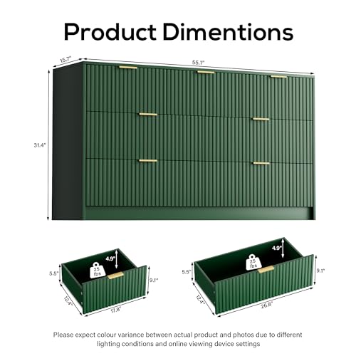 Image of Furniway Green Dresser for Bedroom, Modern Dresser with 7 Drawers and Smooth Slides, Wide Chest of Drawers with Golden Handles for Bedroom, Living Room, Closet, 15.7 inch D x 55.1 inch W x 31.4 inch H