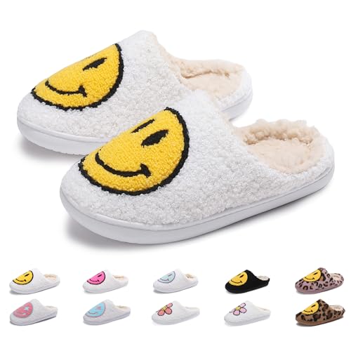 Happy Face Slippers for Women Soft Plush Lightweight Slip-On Slippers House Slippers for Indoor