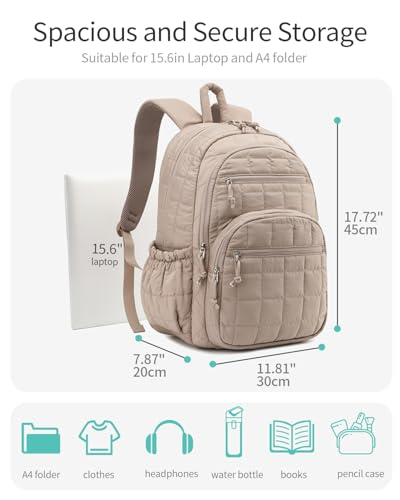 Image of Bookbag for Women, Teen Girls Backpack for High School College Student, Puffer Quilted Back Pack Cute Laptop Backpack for Work Travel Mom Casual Daypack, Camel