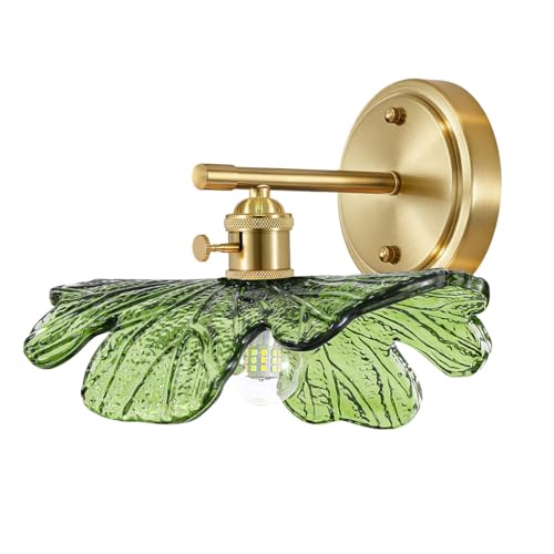 Image of Single Sconce Light Green Glass Leaf Bathroom Vanity Light with Gold Brass Accent Retro Indoor Wall Light for Living Room Hallway Entryway, Classic Petal Light Fixtures