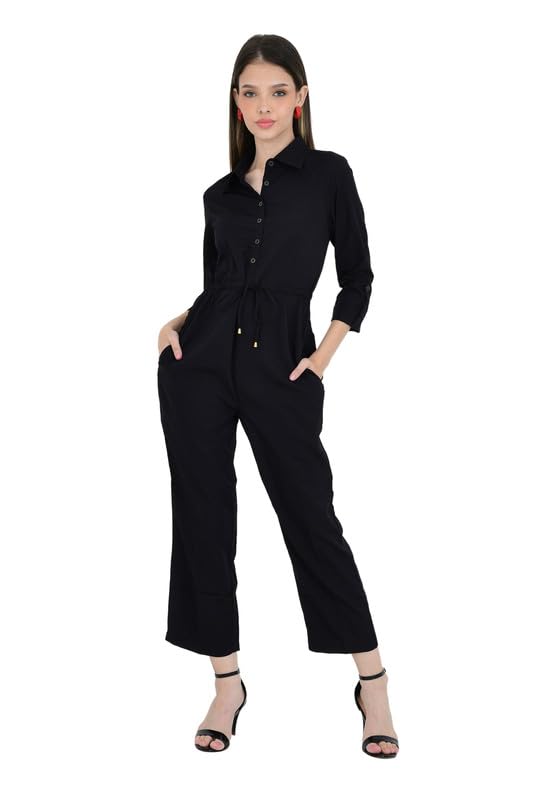 Women's Green Rayon Jumpsuit | Ankle Length One-Piece with Collar, Full Sleeves & Waist Tie | Solid Color Jumpsuit for Girls & Women |-image-22