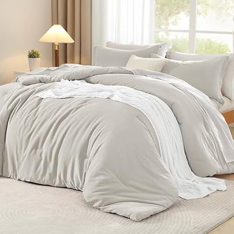 Litanika Linen Grey Cotton Comforter Queen Size, Beige Breathable Solid Bedding Sets 3 Pieces, Khaki Soft Bed Comforter Queen for All Season(1 Comforter 90x90 Inch, 2 Pillowcases) Cover