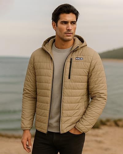 Image of Hurley Mens Puffer Jacket - Lightweight Packable Insulated Winter Coat for Men - Weather Resistant Quilted Outdoor Jacket