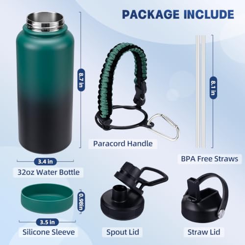 Image of Insulated Water Bottle, 32 oz Stainless Steel Wide Mouth Water Bottles with 2 Leak Proof Lid and Paracord Handle, Double Wall Vacuum Insulated Sports Water Bottle, Green Black