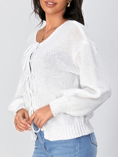 Verdusa Women's Bow Tie Front Bishop Long Sleeve V Neck Knitted Cardigan Sweater3