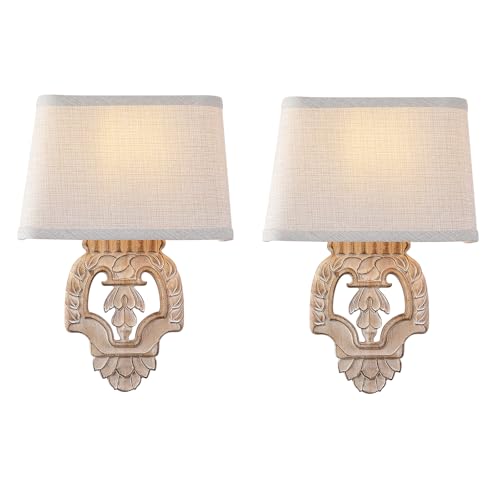 Image of Rustic Wall Sconce with Linen Shade Mini Vintage Antique Wood Wall Light Fixture Retro Farmhouse Mid Centry Wooden Wall Sconce for Bedroom, Hallway, Fireplace, Living Room, 2-Pack, E12
