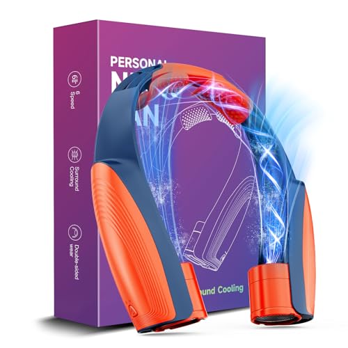 Image of AI Portable Neck Fan with 6 Powerful Speeds, 8000mAh Battery Operated USB-C Rechargeable Fan, Hands-Free 360 Cooling Neck Fan,Ultra-Quiet Personal Fan for Women Men Office Travel(Orange-Blue)