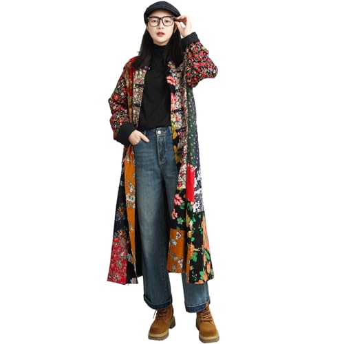LZJN Women's Trench Coat Floral Print Long Cotton Linen Jacke Cottagecore Clothing Patchwork Outwear Bohemian unique