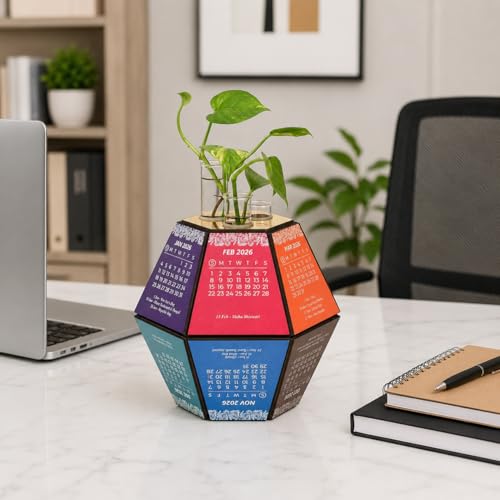 Image of Gift Kya De 2026 Desk Calendar with Hexagon Planter | Wooden 3D Pentagonal Table Calendar Big Size | Colourful Monthly Display | Premium Office Desk Decorative Item & Corporate Gift | Unique Table Decor