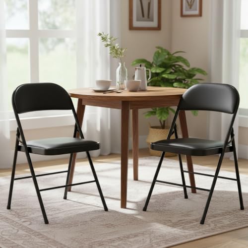 Simple Deluxe 2 Pack Folding Chairs – Padded Leather Seats, Heavy-Duty Metal Frame | Collapsible & Lightweight for Indoor/Outdoor Events, Home, Office, Vinyl Black