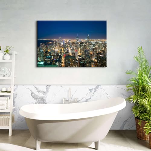 Image of Large City Skyline Wall Art for Office Chicago Wall Decor USA Downtown City Picture Modern Cityscape Painting Canvas Prints Night City Aerial View Poster Panorama Artwork for Bedroom Home Decorations 32x48 inch