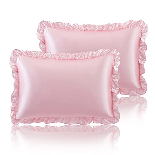 SiinvdaBZX Ruffled Standard Satin Pillowcase Set of 2 Blush Pink Silky Satin Pillow Cases for Women Ruffle Pillow Shams Covers Princess Room Decoration with Envelope Closure