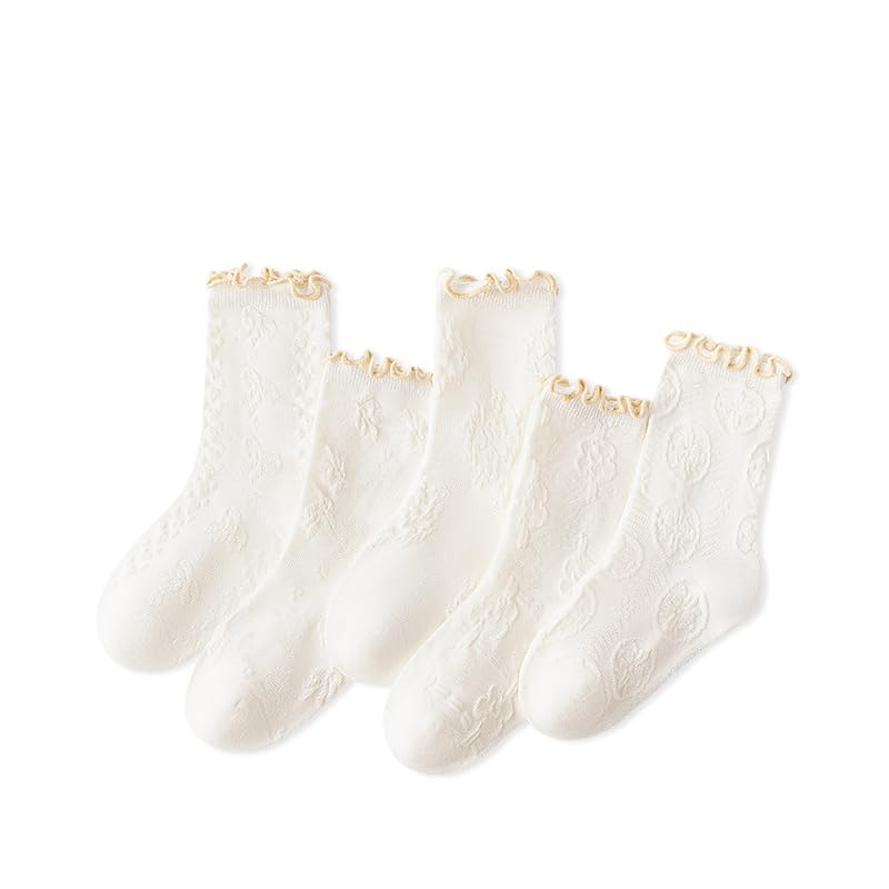 QKURT 5 Pares Calcetines Deportivos para Niños, Calcetines Deportivos de Algodón para Niños Pequeños Calcetines Tobilleros Transpirables para Niñas Calcetines Escolares Blancos con Patrón de Flores