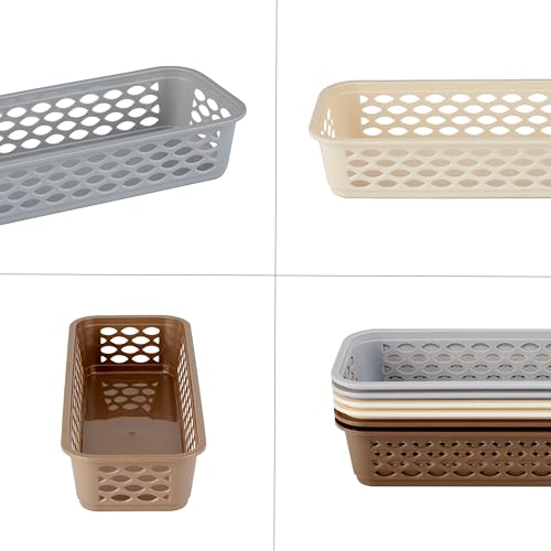 Image of RATAN PLASTICWARE Diana Tray Rectangular-Narrow (Pack of 6) Plastic Storage for Desk Basket /Organizers for Stationery, Jewellery, Tools,Kitchen, Office- Lt Brown /Daiso Grey /Twist Beige