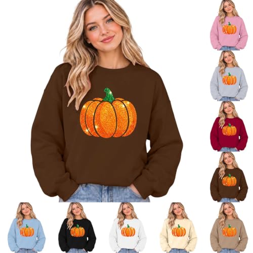 TRCELECTROP Womens Halloween Sweatshirt Funny Glitter Pumpkin Sweatshirt 2026 Fall Casual Oversized Crewneck Pullover Tops Brown - image 1