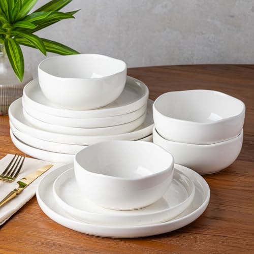 Image of TheTerra Ceramic Dinnerware Sets for 4, 12 Pieces Handmade Reactive Glaze Plates and Bowls Set, Scratch Resistant Dish Set, Oven & Microwave & Dishwasher Safe, White Speckled