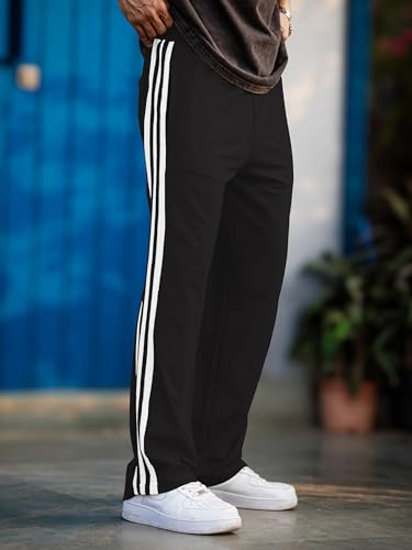 Image of Men's Track Pants with White Side Stripes | 4-Way Lycra Twill Polyester Straight Relaxed Fit Joggers | Mid-Rise Flexi Waist Lounge Bottoms