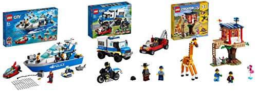 Image of LEGO City Police Patrol Boat 60277 Building Kit+Creator 3in1 Safari Wildlife Tree House 31116 Building Kit+60276 City Police Prisoner Transport Tow Truck Toy - (Set of 3 Toys)