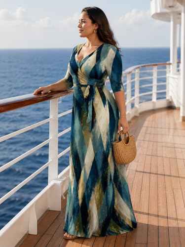 Image of Plus Size Dresses for Women Print Maxi Dresses 3 /4 Sleeve with Belt