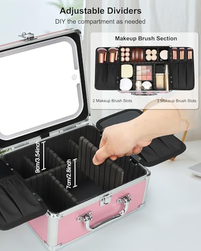 Image of Relavel Makeup Bag with LED Mirror, Cute Makeup Box Travel Train Case with Rechargeable Lighted Mirror, Cosmetic Brush Organizer Storage for Makeup Artists Gifts for Women and Girls, Pink